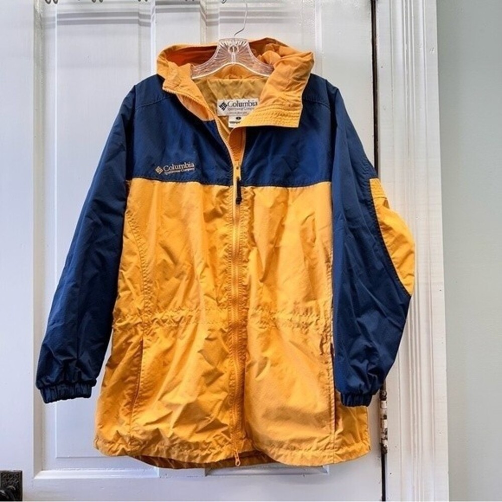 Columbia Womens Small Yellow Navy Blue Colorblock Hooded Windbreaker Jacket Coat